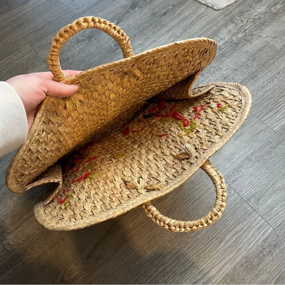 VINTAGE Hand Woven Straw México Floral Large Beach Tote Bag - Picture 3 of 10